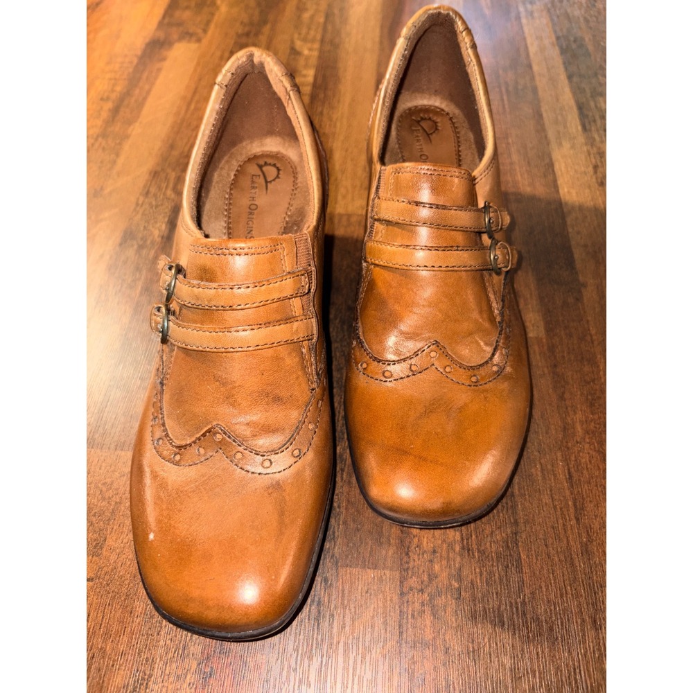 Earth Origins Carma 5 Tan Leather Wingtip Buckle Strap Block Heel Shooties 7M - Picture 2 of 8